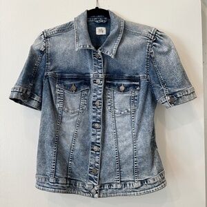 Wash Lab Petal Blue Denim Jacket Short Puff Sleeve Cropped Button Women's M